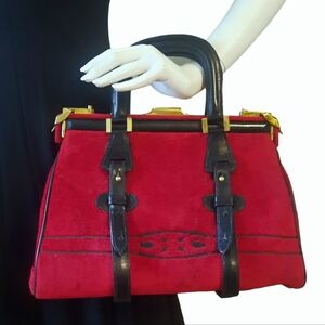 CESARE PICCINI Vintage Velvet Satchel w/ Leather Trim Red/Blk Gold HW